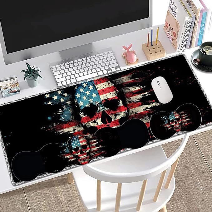 Large Gaming Mouse Pad + Keyboard Wrist Rest + Wrist Support + Coaster Set Memory Foam Ergonomic for Easy Typing XXL Extended Gaming Mouse Pad Table Pad - American Flag Skull