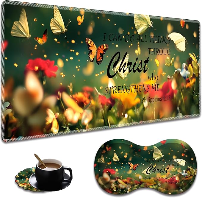 Extended Non-Slip Mouse Pad + Mouse Wrist Rest + Lace-Shaped Coaster Set Ergonomic Design Suitable for Desk and Home Gaming Table Mat Butterflies and Philippians 4-13