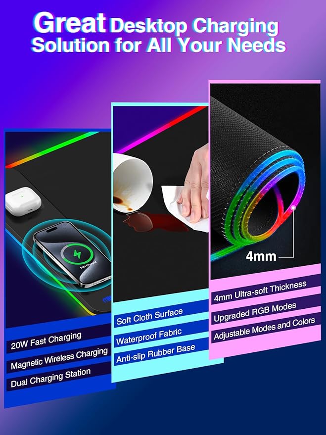 Magnetic Charging Mouse Pad 31.5x15.75 15W Fast Wireless Charging Desk Mat XXL Desk Pad RGB Gaming Mousepad Home Office Large Keyboard Pad with Ultra-Smooth Surface Non-Slip Base
