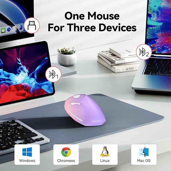 TECKNET Ergonomic Mouse Wireless Bluetooth Vertical Mouse 4800 DPI Optical Tracking 6 Adjustable DPI Quiet Clicks 2.4GHz with USB A Receiver 12 Months Battery 6 Buttons Wide Compatibility