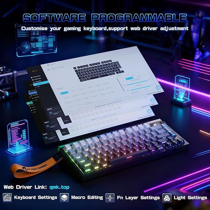 ATTACK SHARK R85 HE Wired 75% Rapid Trigger Mechanical RGB Gaming Keyboard with Custom Lightbox8KHz Polling Rate0.005mm RT Accuracy0.08MS LatencyHall EffectMagnetic SwitchDriver for PC-Moonlight