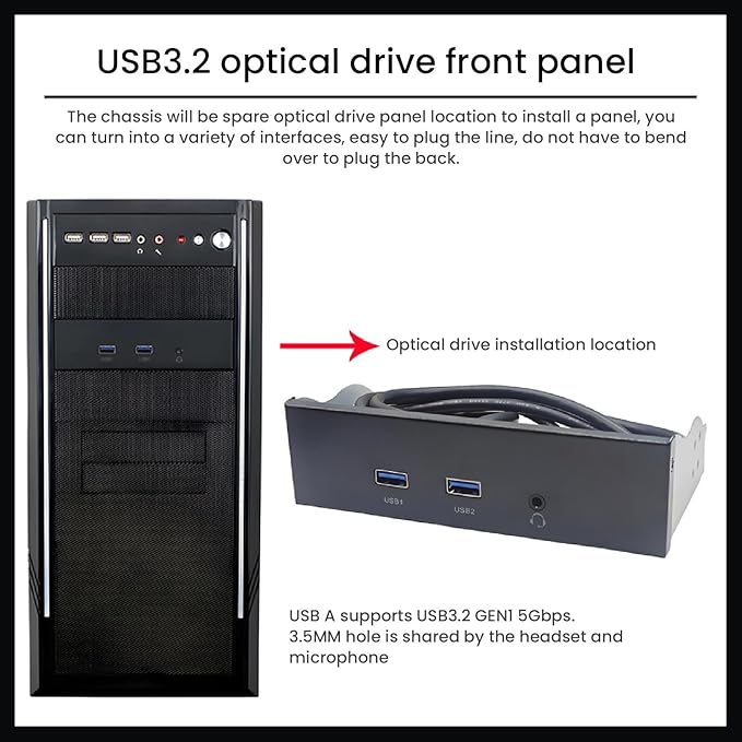 5.25 Inch Front Panel USB Hub 3 Port (2 USB Port + 1 HD Audio Port) 19 Pin Front Panel Adapter 5Gbps USB 3.2 GEN1 9 Pin Sound Internal USB Hub for Computer case