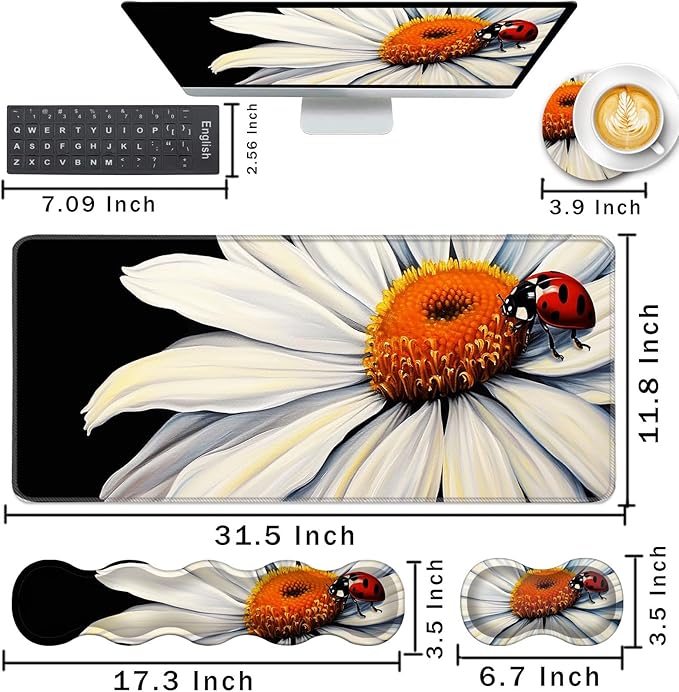 Keyboard Wrist Rest and Mouse Pad with Wrist Support Set Ergonomic CoasterMemory FoamEasy Typing Pain ReliefLarge XL Desk Mat 31.5x 11.8Ladybug on Daisy Flower