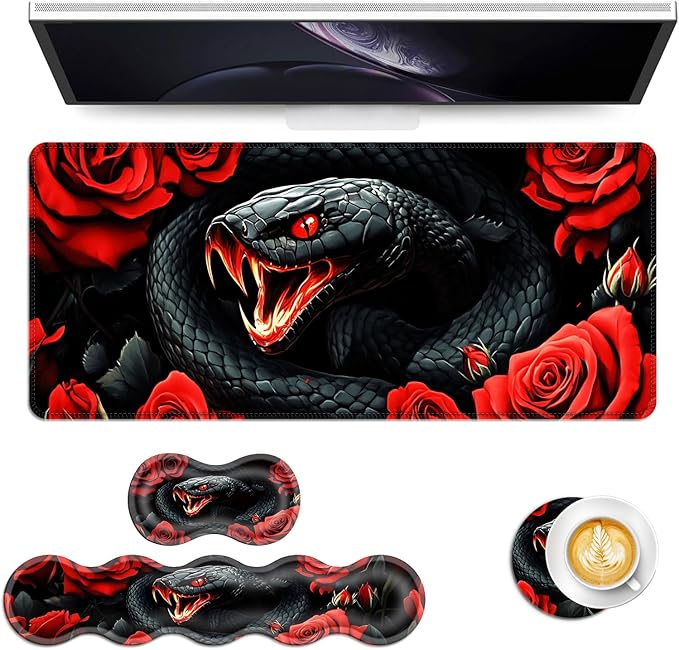 Keyboard Mouse Pad Set Extended Gaming Mouse Pad+Ergonomics Keyboard Wrist Rest Support Memory Foam Easy Typing Pain Relief 4Pcs XL Ultra Thick Desk MatSnake Roses and Fiery Mouth