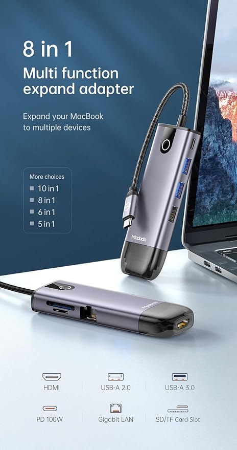 Mcdodo USB C Hub Adapter 8 in 1 Type C Hub with Ethernet Port 4K HDMI3 USB 3.0 PortsSD/TF Card Reader100W USB C PD Charging Thunderbolt 3 Compatible with MacBook Pro AirChromebook PixelPhone