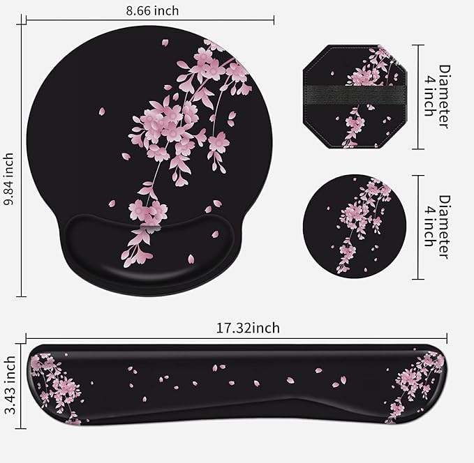 Wrist Rests for Keyboard and Mouse Support Gel Pad + Screen Cleaning Pad + Coaster Cloth Wipes for Laptop/Computer Screen Ergonomic Memory Foam Mousepad for Gaming/Work Cherry Blossoms