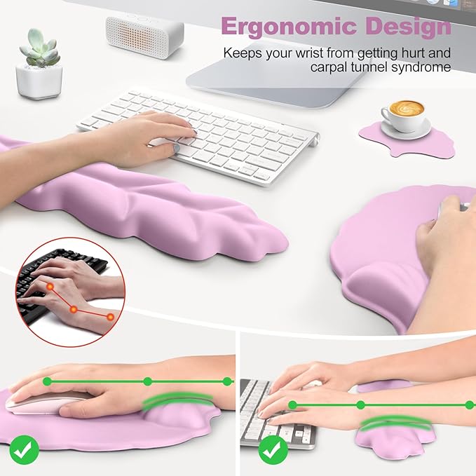 Keyboard Wrist Rest and Mouse Pad with Wrist Support Set Ergonomic Leaf Shape Mouse Pad with Non-Slip Base Pain Relief Memory Foam Mousepad for ComputerLaptopHome Office Pink