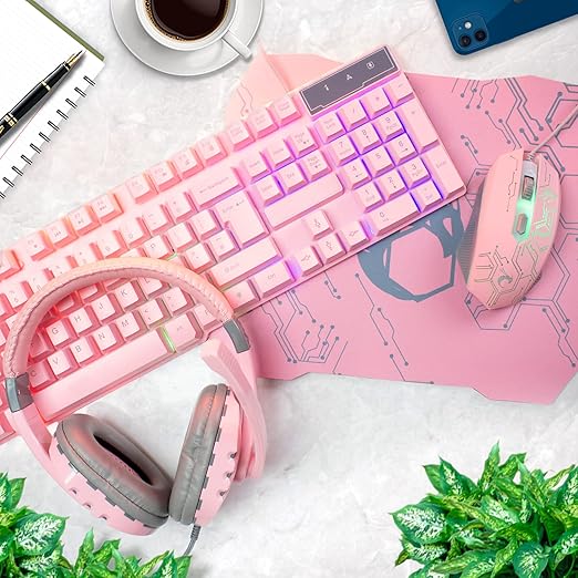 Pink Gaming Keyboard and Mouse Headset Headphones and Mouse pad Wired LED RGB Backlight Bundle Pink PC Accessories for Gamers and Xbox and PS4 PS5 Nintendo Switch Users - 4in1 Edition Hornet RX-250