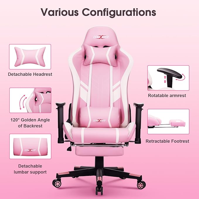 Douxlife 7-Point Massage Gaming Chair with Footrest 400lbs Heavy Duty Ergonomic Computer Chair 175° Reclining High Back Racing Seat for Adults with Adjustable Armrests &amp Lumbar Support Pink