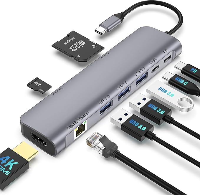 USB C Hub Multiport Adapter 9 in 1 Docking Station Laptop with HDMI Ethernet 100W PD 3 USB 3.0 Ports USB-C Data Port SD/TF Card Reader Compatible with MacBook Pro/Air/Dell XPS/Lenovo