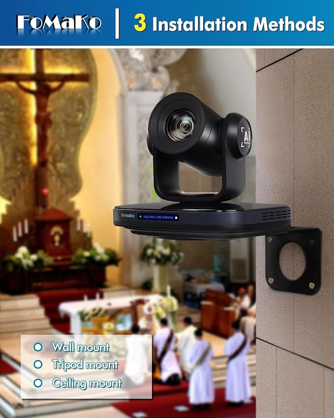 FoMaKo 30X Optical Zoom PTZ Camera with AI Auto-Tracking 1080P60 HDMI/3G-SDI/USB3.0 Type-C HDMI PTZ Camera for Church Worship Education Conference &amp EventsK30-New Black