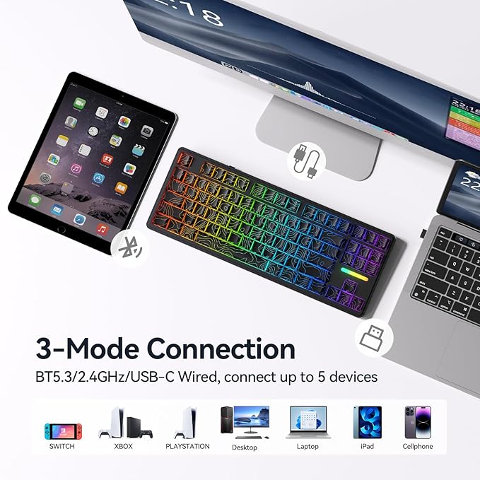 AUSDOM Wireless Mechanical Gaming Keyboard: 10000mAh Battery Tri-Mode 2.4G/BT5.3/USB-C Hot Swappable Custom Keyboard with RGB Backlit Side Printed PBT Keycaps 15-Layer Gasket Structure Topographic