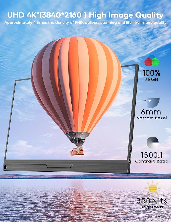4K Portable Monitor 15.6 3840x2160 UHD USB-C HDMI Laptop Monitor 100% Adobe RGB IPS Computer Gaming Display HDR Travel Screen w/Speakers for Laptop Xbox PS5 Switch PC Phone