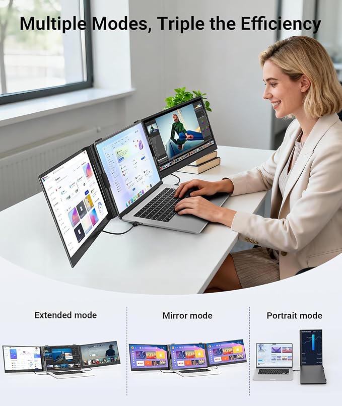 14 Triple Laptop Screen Extender Ultra-Thin FHD 1080P Portable Monitor 2.2lbs Lightweight Plug &amp Play Travel Monitor for 13-17 Laptops Compatible with Windows/Mac/Android/Chrome