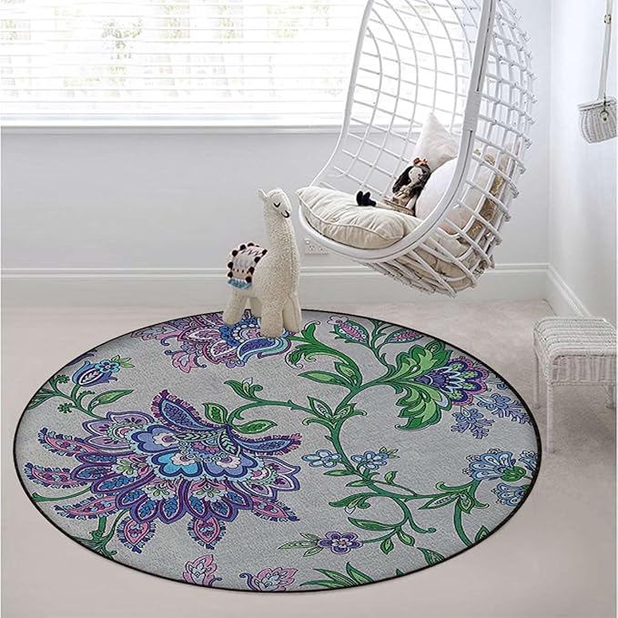 Multicolor Round Area Rug Machine Washable Non Slip Indoor Sofa Floor Area Mat Carpet for Living Room Sofa Bedroom Nursery Decor Vintage Style Ornamental Flower Motifs Diameter 55 in