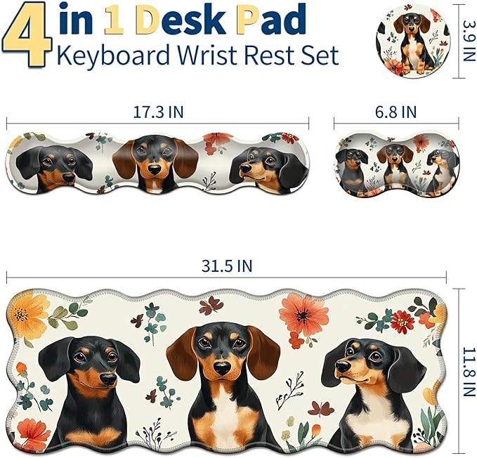 4-in-1 XXL Gaming Mouse Pad Set (31.5x11.8) with Keyboard Wrist RestMouse Wrist Support &amp CoasterNon-Slip Desk Mat for Office、Home、GamingDogs and Flowers