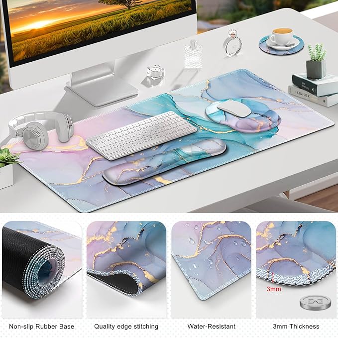 ToLuLu Desk Mat XXL Large Mouse Pad Wrist Support Set4 in1 Gaming Mousepad Desk Pad+ Ergonomic Mouse Pad with Wrist Rest + Keyboard Wrist Rest+Coaster for Home Office Computer Blue Glitter Marble
