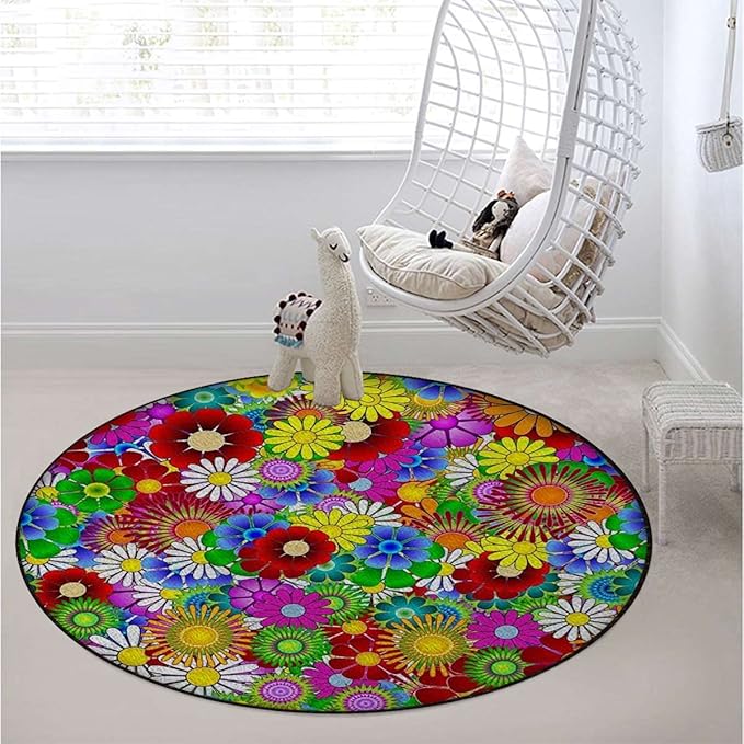 Rustic Floral Design Chair Mat Hard Floor Protecting and Noise Cancelling with Anti Slip Rubber Multi-Purpose Floor Mat for Bedroom Natural Flower FeaturedGreen Yellow Diameter 39.3 in