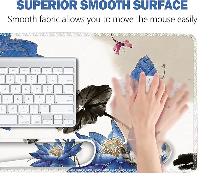 ARTSO Extended Gaming Mouse Pad Set Keyboard Wrist Rest Support Pad + Wrist Cushion + XXL Large Mouse Pad + Coaster Stitched Edge Non-Slip Memory Foam Desk Mat Blue Lotus Ink Painting