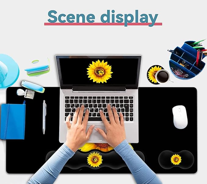Gaming Mouse Pad Set Large Mouse Pad and Ergonomic Memory Foam Keyboard Wrist Rest Support Easy Typing Pain Relief Writing Mat Extended Office Desk Mat Sunflower Dog Paw Print Black Mouse Pad