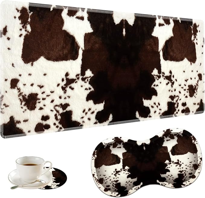 Large Gaming Mouse Pad + Mouse Wrist Rest Pad + Coaster Combination 31.5 x 11.8 Durable Non-Slip Extension Table Mat Suitable for Office and Home Cow Hide Print