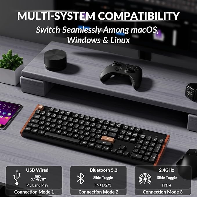 Keychron K10 HE Hall Effect Keyboard Wireless Magnetic Switch Hot Swappable Adjustable Actuation Rapid Trigger Mode with Aluminum + Wood Frame Full-Size Custom RGB for Mac Windows Linux - Black