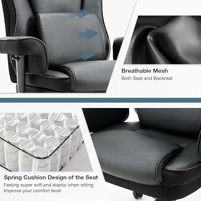 High Back Office Chair Ergonomic Executive Massage Chairs with Adjustable Armrest and Lumbar Support Comfy Adjustable Height Rocking Computer Gaming Chair with Swivel Wheels (Black)