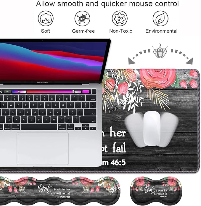 Ergonomic Keyboard Wrist Rest &amp Mouse Pad Wrist Rest SetLarge XXL Gaming Desk Mat 31.5x 11.8Non-Slip Base Memory FoamEasy Typing Pain Relief for Office &amp HomeFloral Quote Bible Verse Ps