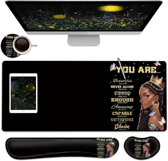 Large Mouse Pad + Keyboard Wrist Rest Set Extended Gaming Mousepad (31.5X11.8 inch) Ergonomics Memory Foam Mouse Wrist Rest Support African Americans Women with Butterflies Black XXL Desk Pad