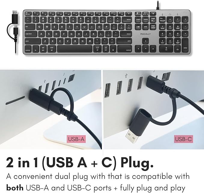 Macally Wired Keyboard for Mac with USB Hub (2X USB-A / 1x USB-C) - Compatible Backlit Apple Keyboard with Dual Interface - Auto OS Detection for Mac MacBook Pro/Air iMac PC Android iPad iOS