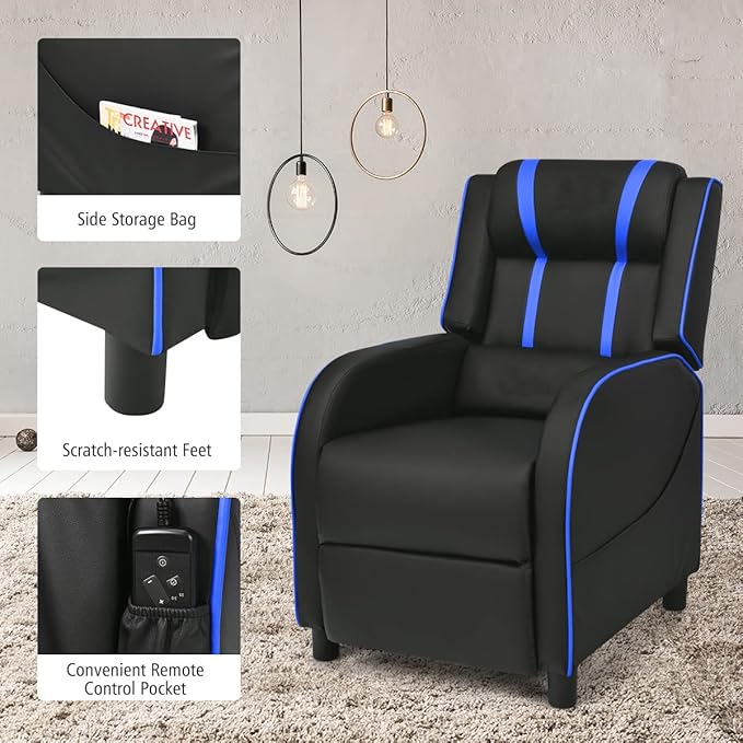 8AM Office Gaming Massage Recliner Sofa Ergonomic PU Leather Gaming Recliner Sofa with Footrest Lumber Support Side Pouch &amp Remote Control for Gaming Living Room Theater (Blue)