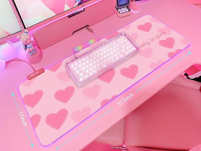 JMIYAV Pink RGB Gaming Mouse Pad 31.5x12 Inch PC XL Large Extended Glowing Led Light Up Desk Pad Non-Slip Rubber Base Computer Cute Mousepad Mat Desk Accessories Gaming Setup 996