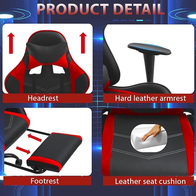 Gaming Chair With Footrest and Massage Lumbar Support Height Adjustable High Back Reclining Computer Chair for Adults - 360-Swivel Red