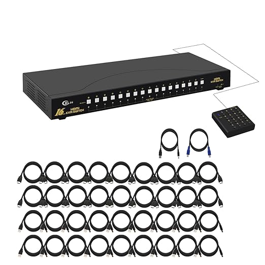 CKLau 4Kx2K HDMI KVM Switch 16 Port with Cables Rack Mount KVM Switch Support HDCP EDID for Windows Linux Mac Debian Ubuntu Fedora Raspberry Pi and Ubuntu