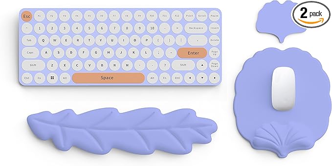 Keyboard Wrist Rest and Mouse Pad with Wrist Support Set Ergonomic Leaf Shape Mouse Pad with Non-Slip Base Pain Relief Memory Foam Mousepad for ComputerLaptopHome Office Purple