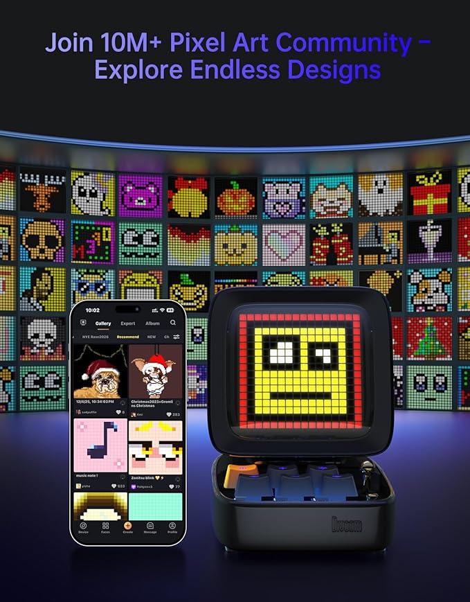 Divoom Ditoo Retro Pixel Art Game Bluetooth Speaker with 16X16 LED App Controlled Front Screen (Black)