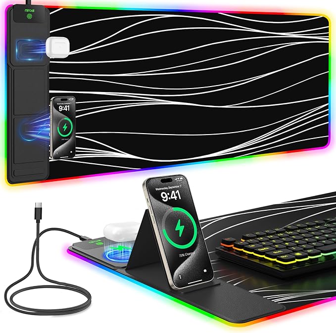 Mouse Pad with Foldable Phone Holder &amp Wireless Charger XXL RGB Gaming Mousepad 31.5x15.8 Large Desk Mat for Keyboard Black Desk Pad with Dual Qi Charging Station | 11 Colors 5 Modes | Waterpr