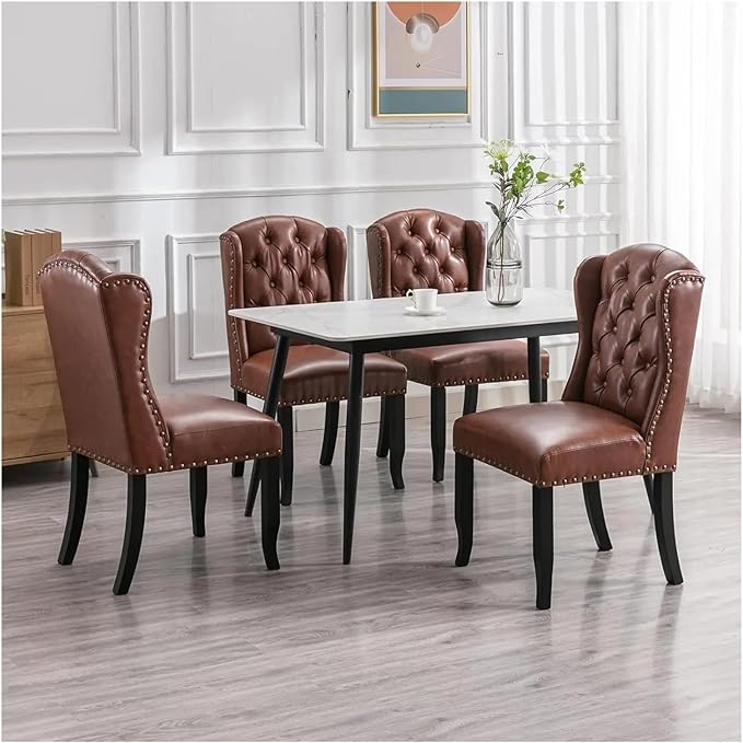 Adjustable Office Computer Chair with Armrest 1pcs Modern Style Brown Leather Upholstered Solid Wood Decorative Dining Room Chairs
