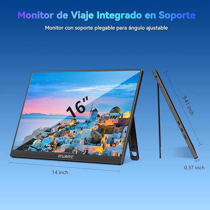 WUAWE 16 1200P 120Hz Portable Monitor 100% sRGB Portable Gaming Monitor with Built-in StandHDR and Freensync External USB C Monitor for Laptop PC Phone Switch and PS5 (Black)