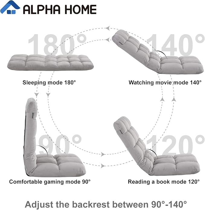 ALPHA HOME Adjustable Floor Chair with Backrest &amp Cushion Dorm Rocker 4 Positions Video Gaming Chair Folding Lazy Sofa Recliner Living Room Seating Lounge Chair for Reading Watching TVGrey