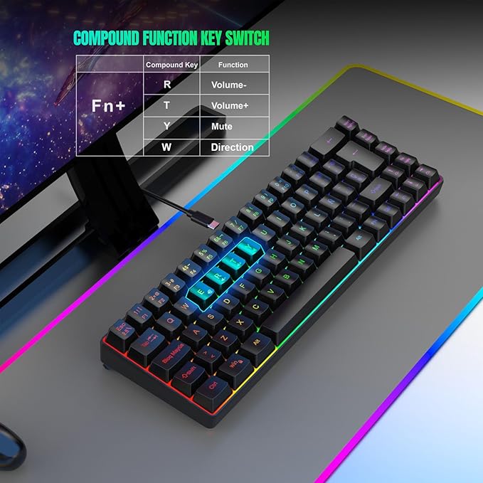 Yunir Mechanical Gaming Keyboard68 Keys Wired Mechanical KeyboardRGB Backlight Ergonomic Mechanical Gaming Keyboard for Wins 2000 7 8 10 VistaSupport Spanish Language Only