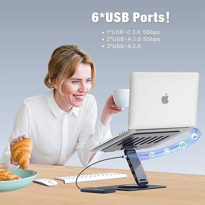 Adjustable Laptop Stand for Desk with Docking Station 9-in-1 Aluminum Laptop Riser with USB Hub 360° Swivel Dual Display 4K60Hz HDMI 3 USB3.0 100W PD Charging for MacBook Pro Air/Dell/HP 7-15.6