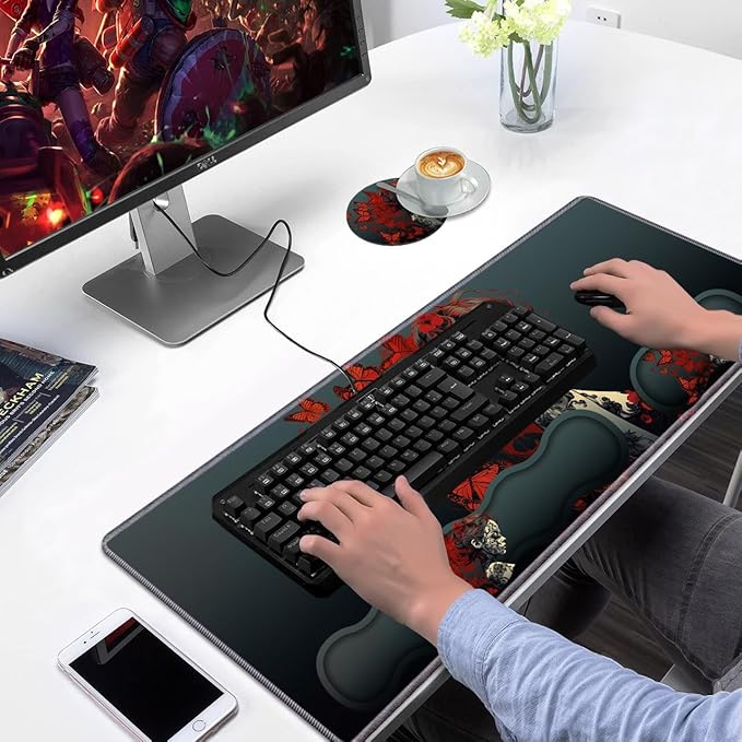 Ergonomic Keyboard Wrist Rest &amp Mouse Pad Wrist Rest Set Large Gaming Desk Mat 31.5x 11.8 with Non-Slip Base Memory Foam Easy Typing Pain Relief for Home &amp Office Tattooed Girl and Red B