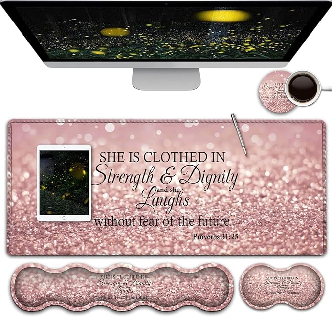 Large Gaming Mouse PadExtended Office Desk MatWaterproof Desk Writing Pad for Office/Home Ergonomic Mouse &ampKeyboard Wrist RestProverbs 31:25 Bible Verse Laptop Desk Pad Pink Mousepad Wrist Supp