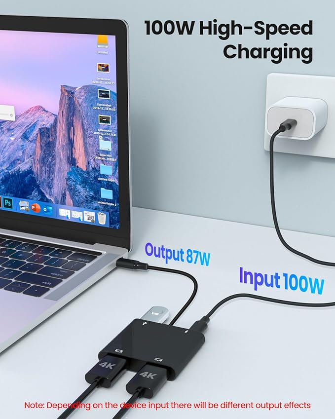 USB C to Dual HDTV Adapter Fophmo 4K@60Hz HDTV Splitter Extend Display for Dual Monitors macOS Only Allows Mirror Mode Windows Allows Multi-Monitor Display 3 Separate Screens for 100W PDUSB-A Port