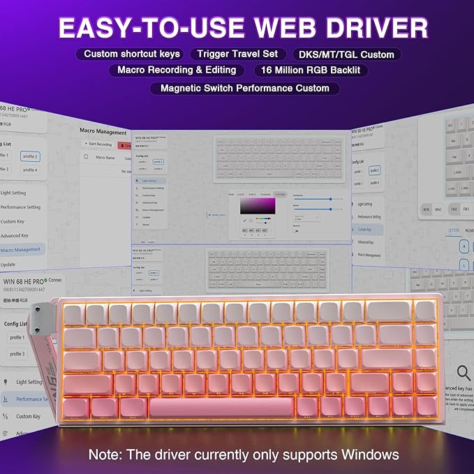 AULA WIN68 HE Mechanical Gaming Keyboard 60% Hall Effect Magnetic Switch Fast Trigger Mode Adjustable Actuation 8000Hz Polling Rate RGB Backlit Wired Pink Keyboard for Laptop/PC Gamer