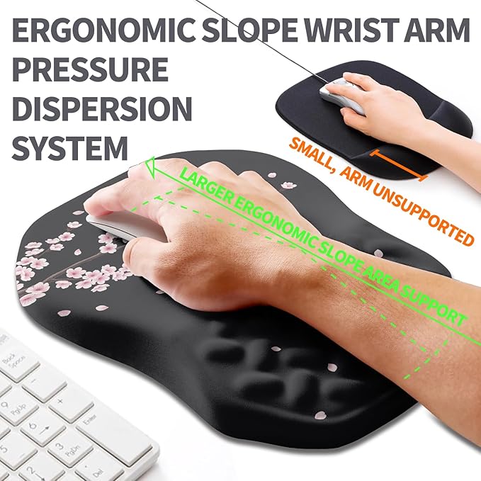 Ergonomic Slope Mouse Pad Wrist Support Wrist Rest Mousepad for Carpal Tunnel Pain Relief with Massage Bulge and Slow Rebound Memory Foam (12x8 inch Pink Blossom)