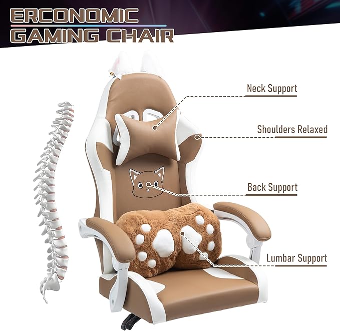 ALEAVIC Gaming Chair with Cat Paw Lumbar Cushion and Cat Ears Reclining PC Game Computer Chairs Ergonomic Gamer Chair for Kids Girls Teens (Brown)