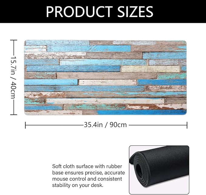 Beach Wood Blue Large Mouse Pad Gaming Mousepad Desk Mat for Desktop Computer Keyboard Waterproof Mouse Mat Desk Pad with Non-Slip Base for Game School Office Home 35.4 x 15.7