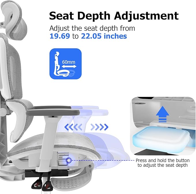 PatioMage Ergonomic Office Chair Big and Tall Desk Chair with Adjustable Lumbar Support &amp Seat Depth High Back Computer Chair Swivel Mesh Chairs with Wheels for Home Office White